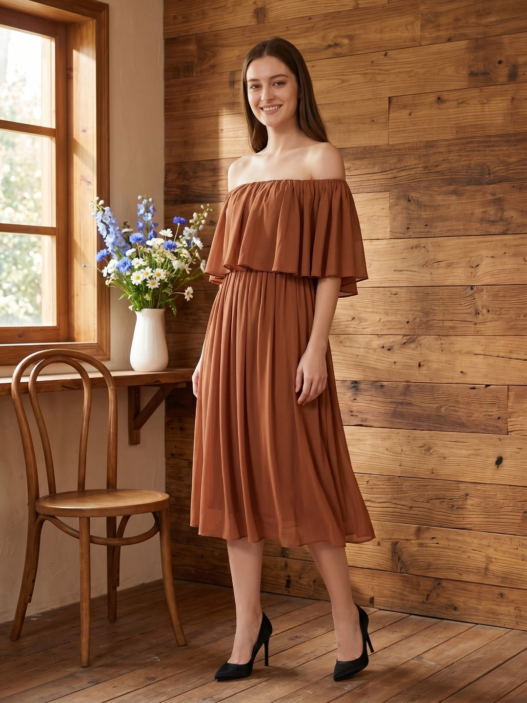 Terracotta Chiffon A-Line Off-the-Shoulder Backless Tea-Length Ruffle Bridesmaid Dress - Curvevia