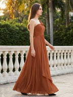 Terracotta Chiffon A-Line One Shoulder Backless Floor-Length Ruffle Bridesmaid Dress - Curvevia