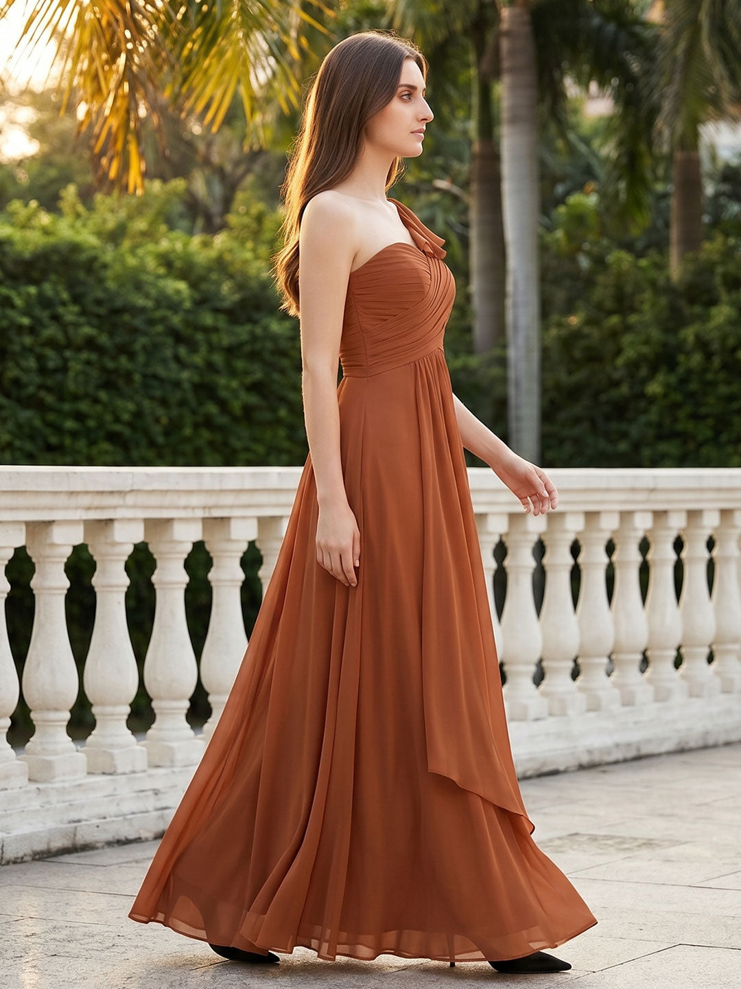 Terracotta Chiffon A-Line One Shoulder Backless Floor-Length Ruffle Bridesmaid Dress - Curvevia
