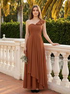 Terracotta Chiffon A-Line One Shoulder Backless Floor-Length Ruffle Bridesmaid Dress - Curvevia
