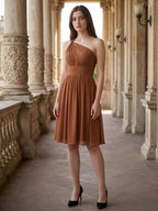 Terracotta Chiffon A-Line One Shoulder Backless Knee-Length Pleated Bridesmaid Dress - Curvevia