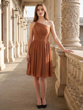Terracotta Chiffon A-Line One Shoulder Backless Knee-Length Pleated Bridesmaid Dress - Curvevia