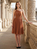 Terracotta Chiffon A-Line One Shoulder Backless Knee-Length Pleated Bridesmaid Dress - Curvevia