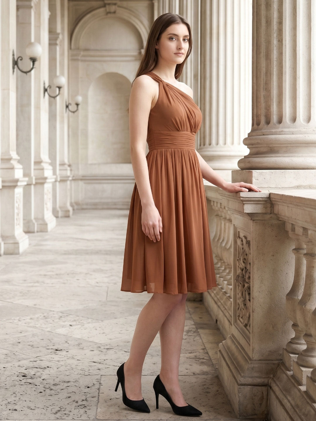 Terracotta Chiffon A-Line One Shoulder Backless Knee-Length Pleated Bridesmaid Dress - Curvevia
