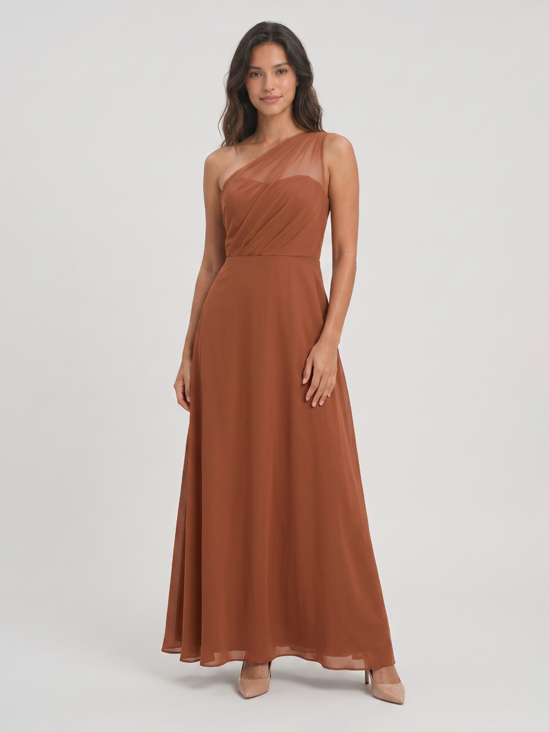 Terracotta Chiffon A-Line One Shoulder Illusion Back Floor-Length Bridesmaid Dress with Pleating - Curvevia