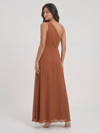 Terracotta Chiffon A-Line One Shoulder Illusion Back Floor-Length Bridesmaid Dress with Pleating - Curvevia