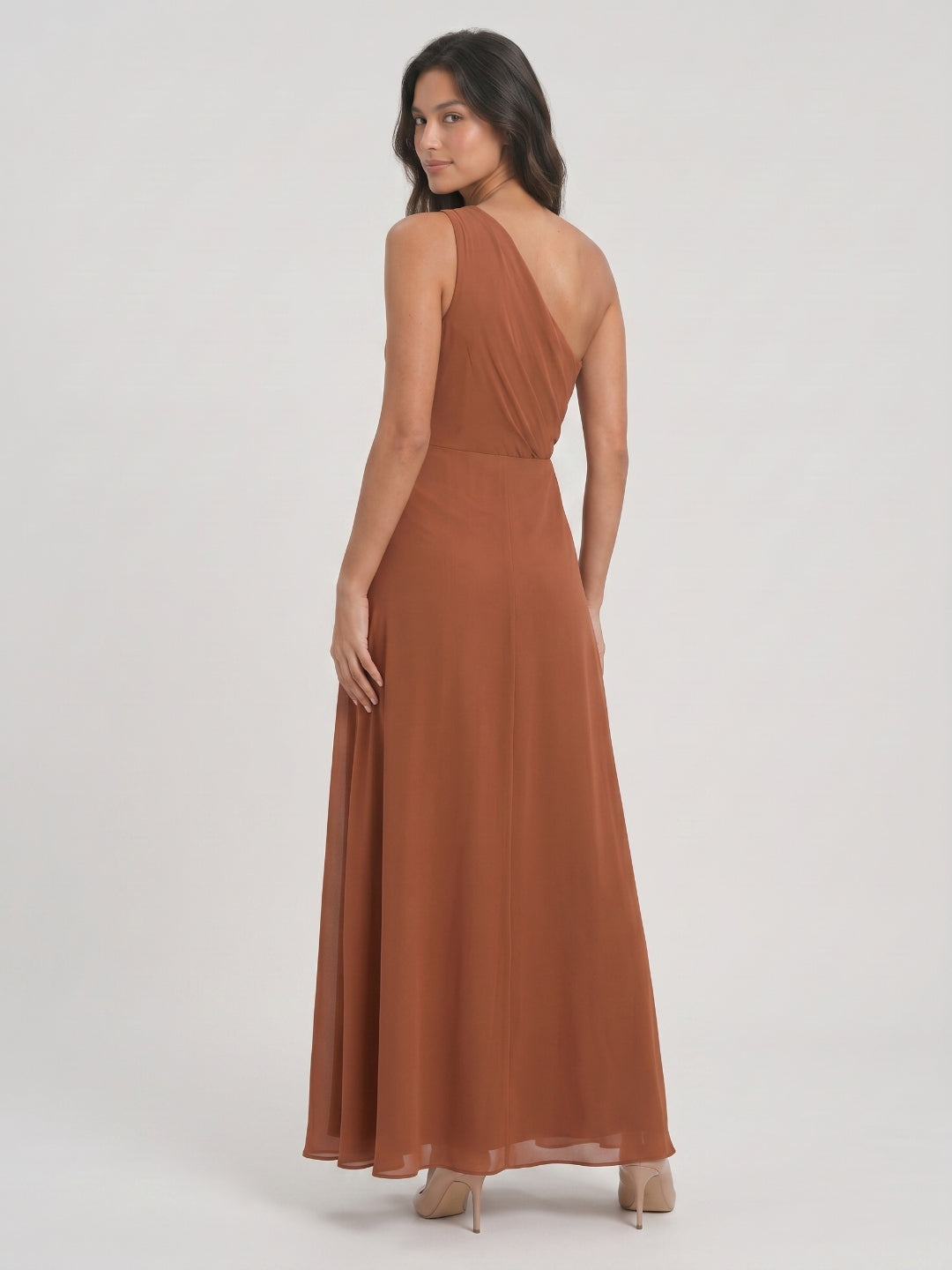 Terracotta Chiffon A-Line One Shoulder Illusion Back Floor-Length Bridesmaid Dress with Pleating - Curvevia