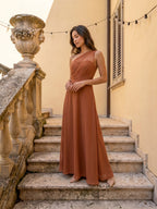 Terracotta Chiffon A-Line One Shoulder Illusion Back Floor-Length Bridesmaid Dress with Pleating - Curvevia