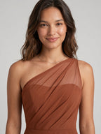 Terracotta Chiffon A-Line One Shoulder Illusion Back Floor-Length Bridesmaid Dress with Pleating - Curvevia