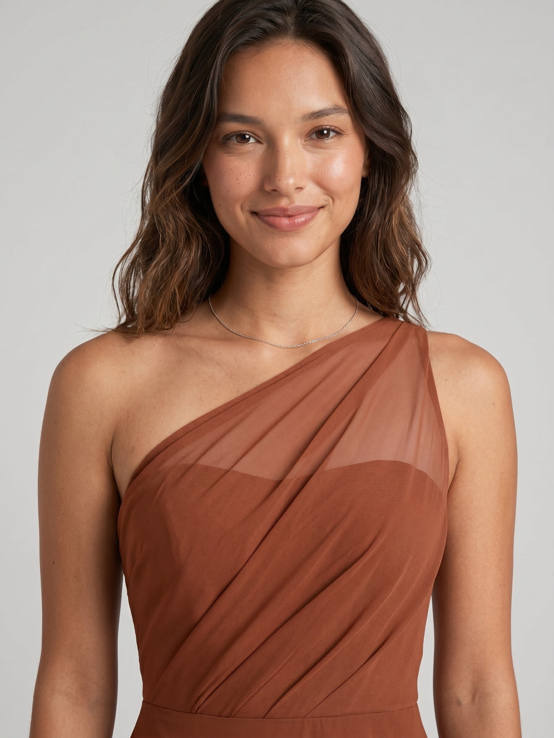 Terracotta Chiffon A-Line One Shoulder Illusion Back Floor-Length Bridesmaid Dress with Pleating - Curvevia