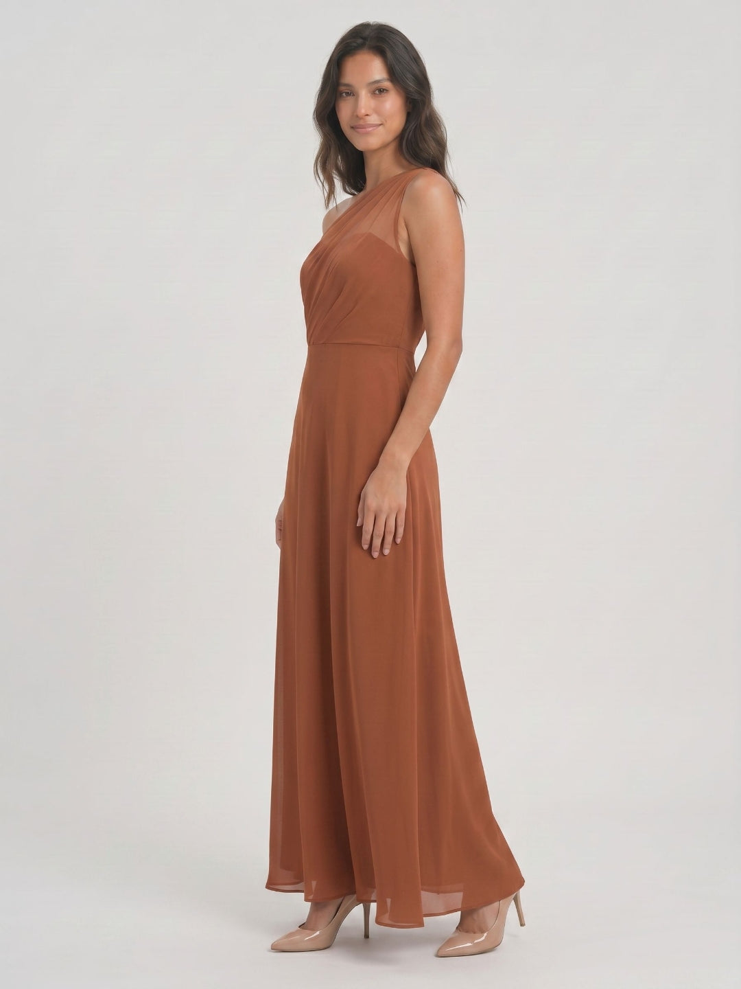 Terracotta Chiffon A-Line One Shoulder Illusion Back Floor-Length Bridesmaid Dress with Pleating - Curvevia