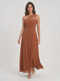 Terracotta Chiffon A-Line One Shoulder Illusion Back Floor-Length Bridesmaid Dress with Pleating - Curvevia