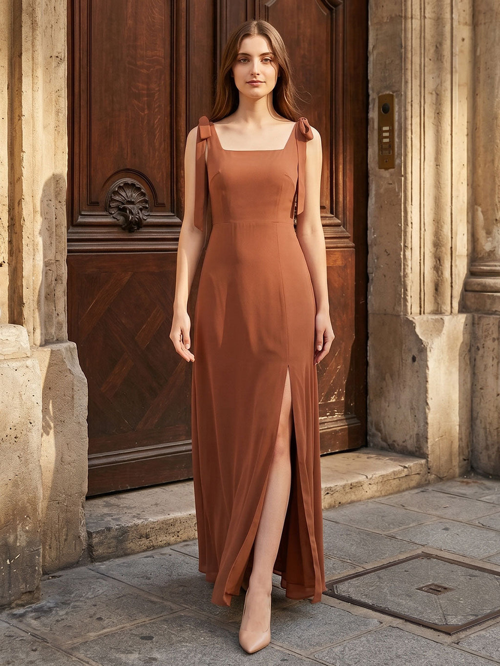 Terracotta Chiffon A-Line Square Neck Backless Floor-Length Bridesmaid Dress with Bow - Curvevia
