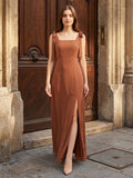 Terracotta Chiffon A-Line Square Neck Backless Floor-Length Bridesmaid Dress with Bow - Curvevia