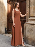 Terracotta Chiffon A-Line Square Neck Backless Floor-Length Bridesmaid Dress with Bow - Curvevia