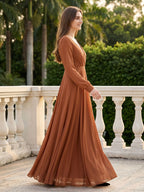 Terracotta Chiffon A-Line V-Neck Back Zip Floor-Length Pleated Bridesmaid Dress - Curvevia