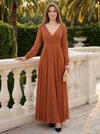 Terracotta Chiffon A-Line V-Neck Back Zip Floor-Length Pleated Bridesmaid Dress - Curvevia