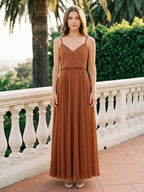 Terracotta Chiffon A-Line V-Neck Backless Floor-Length Bridesmaid Dress - Curvevia