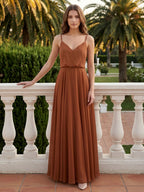 Terracotta Chiffon A-Line V-Neck Backless Floor-Length Bridesmaid Dress - Curvevia
