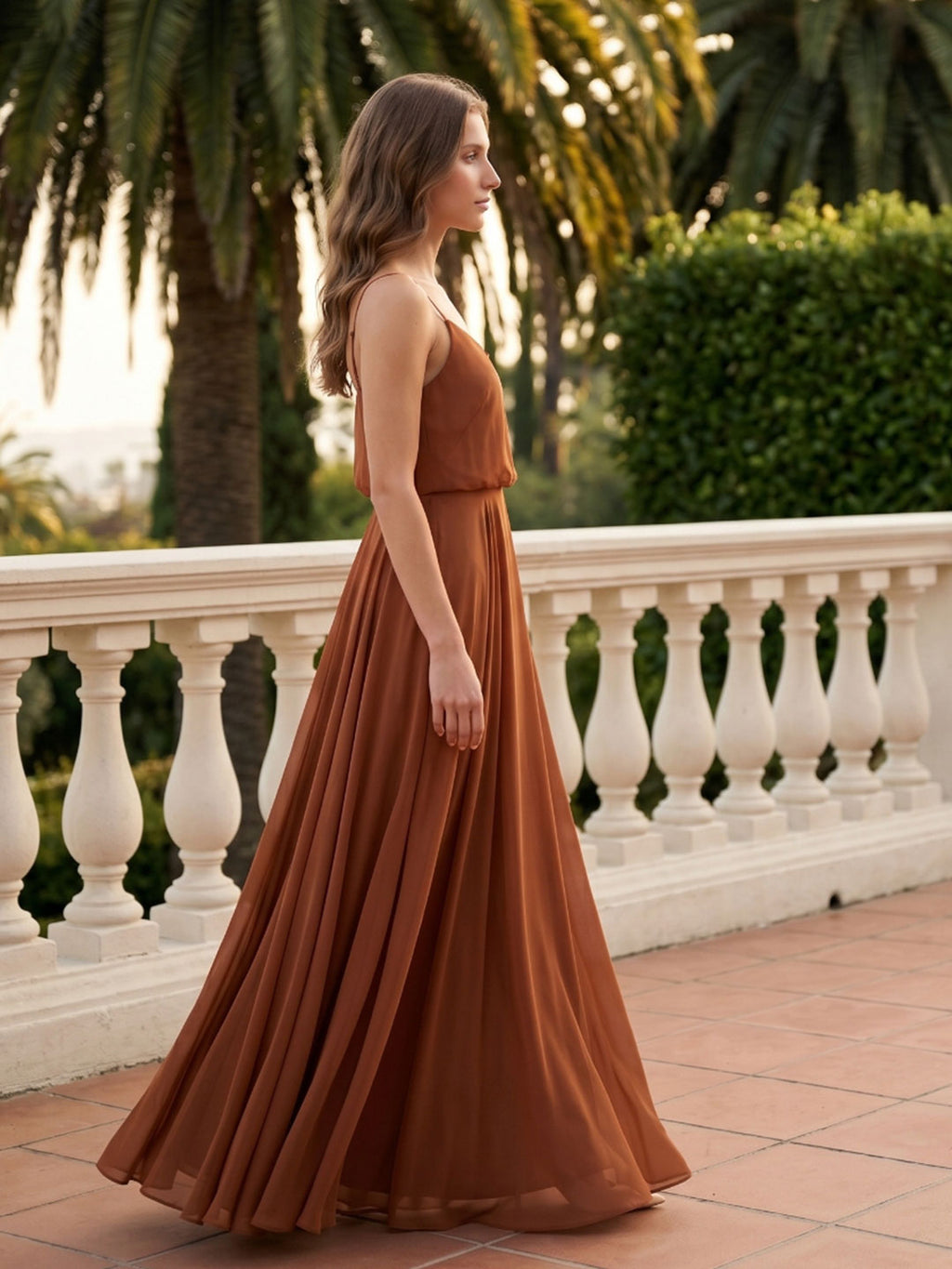 Terracotta Chiffon A-Line V-Neck Backless Floor-Length Bridesmaid Dress - Curvevia