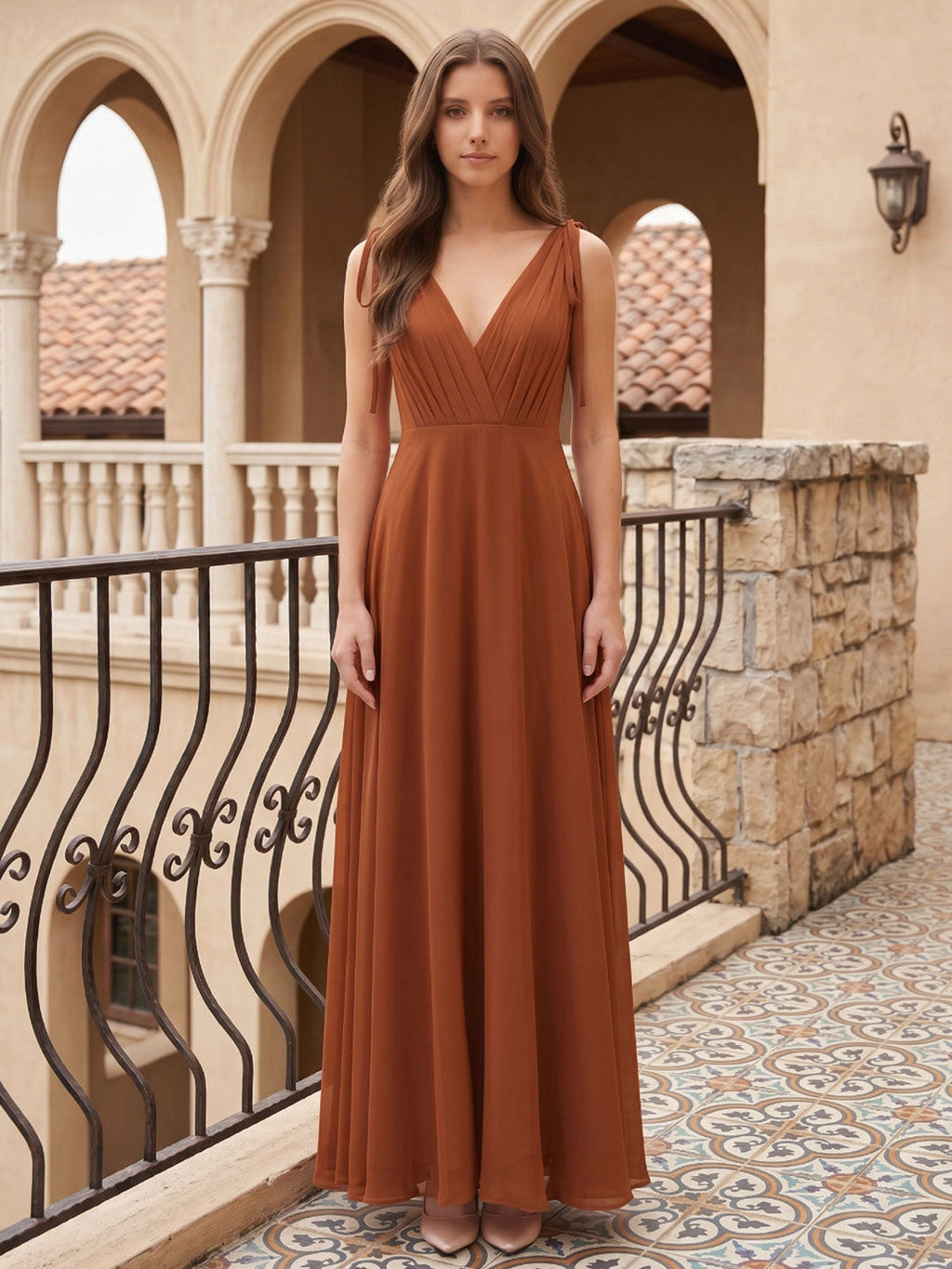 Terracotta Chiffon A-Line V-Neck Backless Floor-Length Bridesmaid Dress with Bow - Curvevia