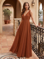 Terracotta Chiffon A-Line V-Neck Backless Floor-Length Bridesmaid Dress with Bow - Curvevia