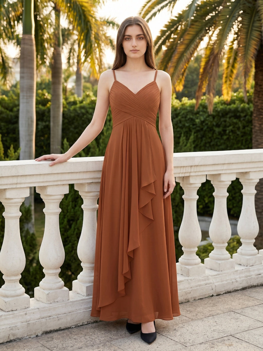 Terracotta Chiffon A-Line V-Neck Backless Floor-Length Pleated Bridesmaid Dress - Curvevia
