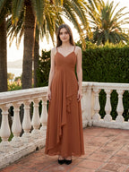 Terracotta Chiffon A-Line V-Neck Backless Floor-Length Pleated Bridesmaid Dress - Curvevia