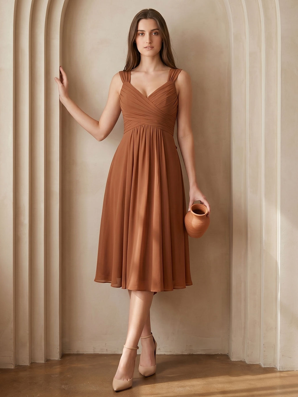 Terracotta Chiffon A-Line V-Neck Backless Knee-Length Bridesmaid Dress with Bow - Curvevia