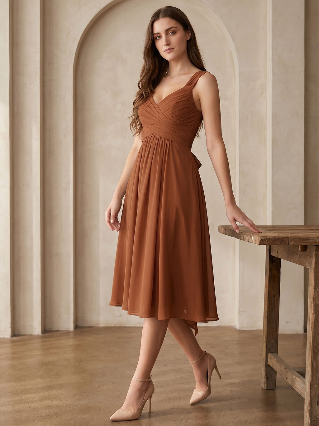Terracotta Chiffon A-Line V-Neck Backless Knee-Length Bridesmaid Dress with Bow - Curvevia