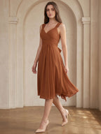 Terracotta Chiffon A-Line V-Neck Backless Knee-Length Bridesmaid Dress with Bow - Curvevia