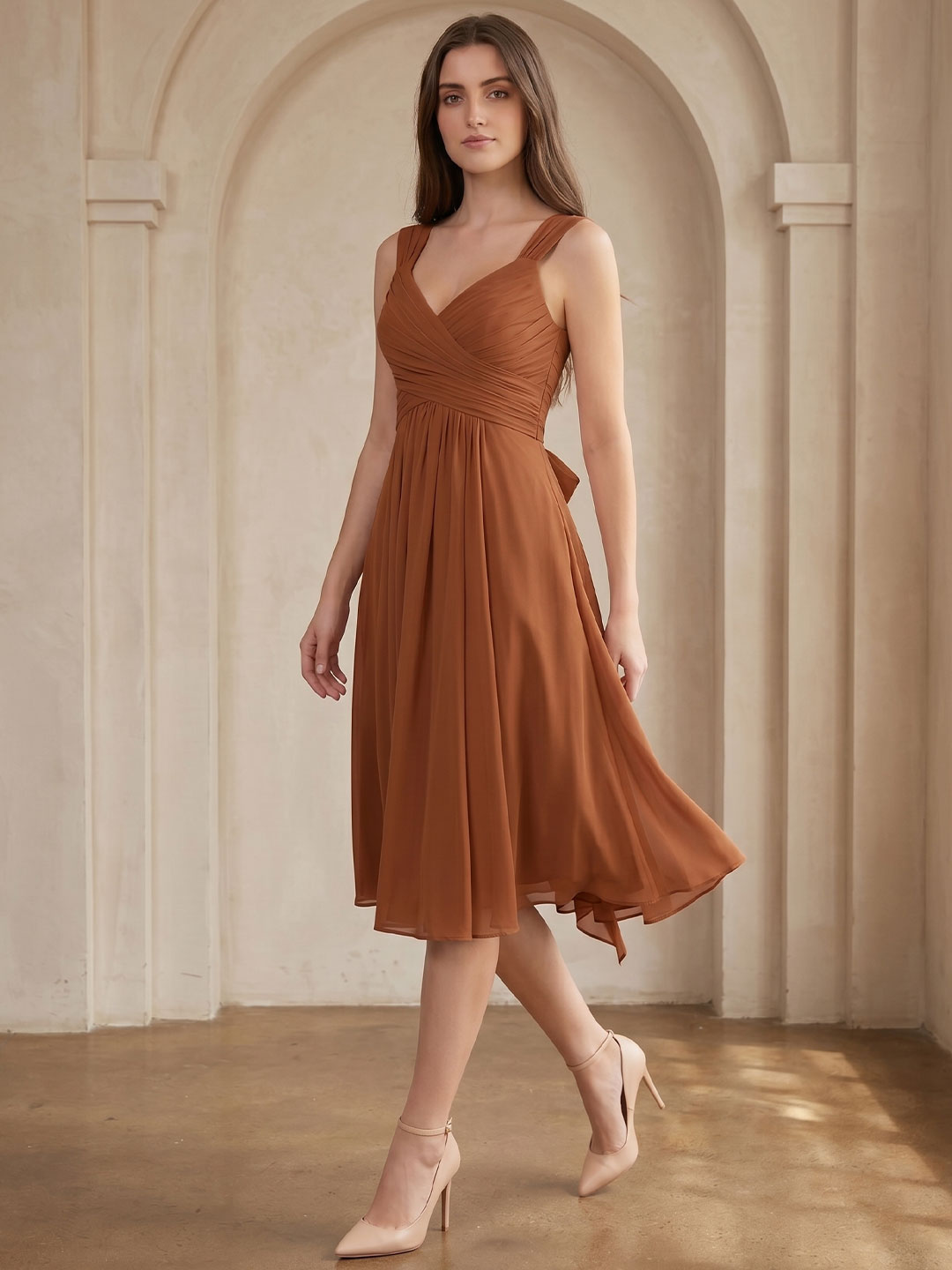 Terracotta Chiffon A-Line V-Neck Backless Knee-Length Bridesmaid Dress with Bow - Curvevia