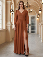 Terracotta Chiffon A-Line V-Neck V-Back Ankle-Length Pleated Bridesmaid Dress - Curvevia