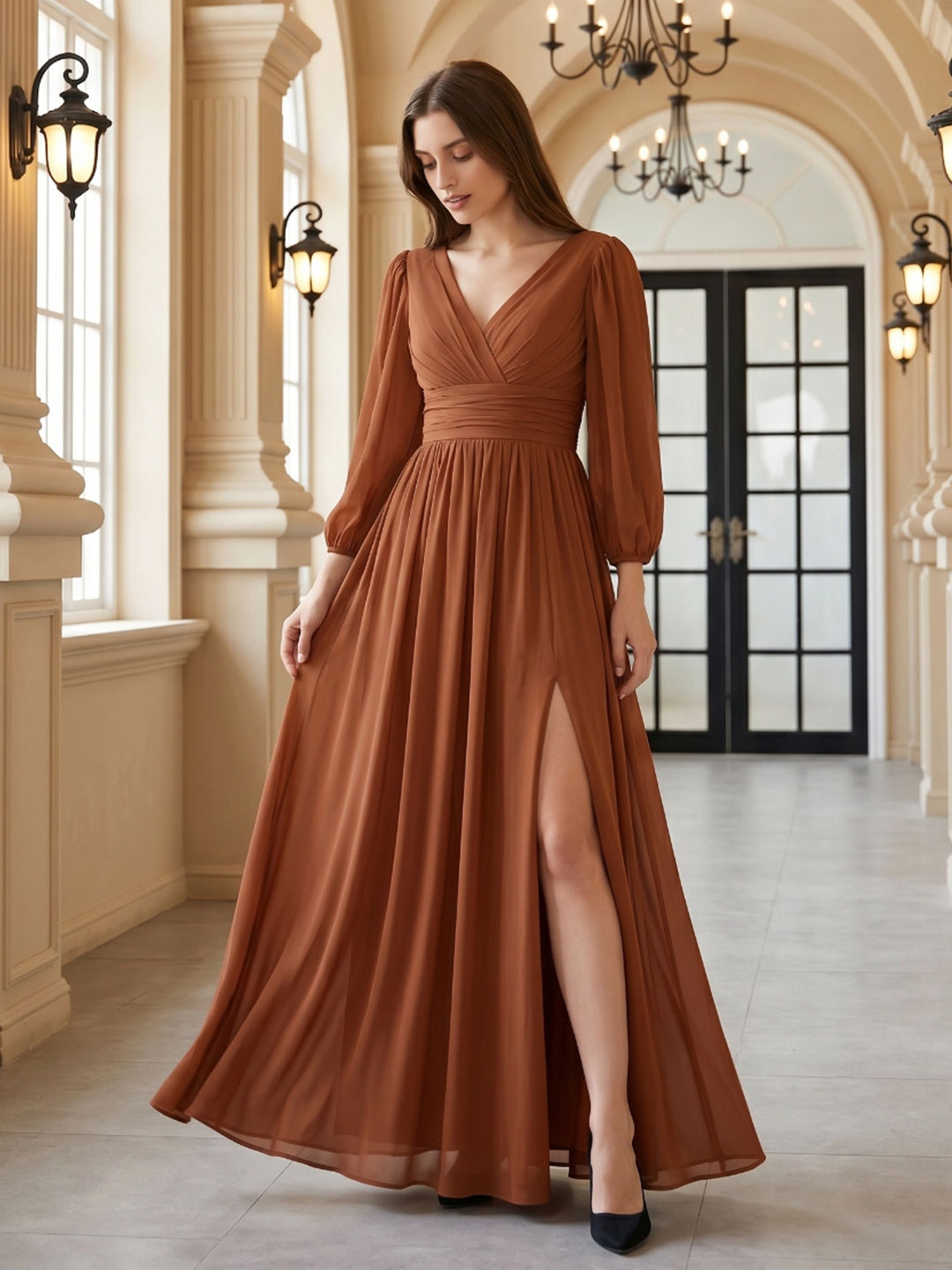 Terracotta Chiffon A-Line V-Neck V-Back Ankle-Length Pleated Bridesmaid Dress - Curvevia