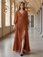 Terracotta Chiffon A-Line V-Neck V-Back Ankle-Length Pleated Bridesmaid Dress - Curvevia