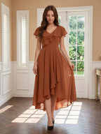 Terracotta Chiffon A-Line V-Neck V-Back Asymmetrical Ruffle Bridesmaid Dress - Curvevia