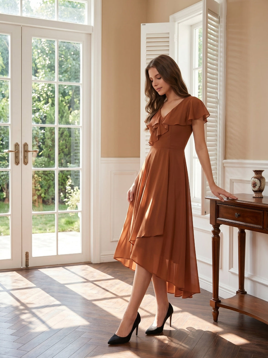 Terracotta Chiffon A-Line V-Neck V-Back Asymmetrical Ruffle Bridesmaid Dress - Curvevia