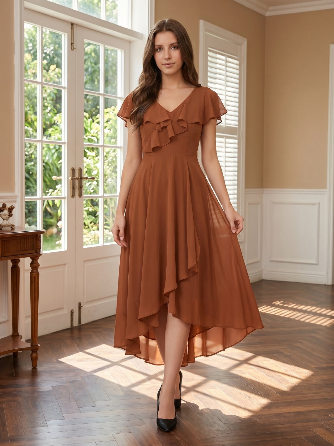 Terracotta Chiffon A-Line V-Neck V-Back Asymmetrical Ruffle Bridesmaid Dress - Curvevia