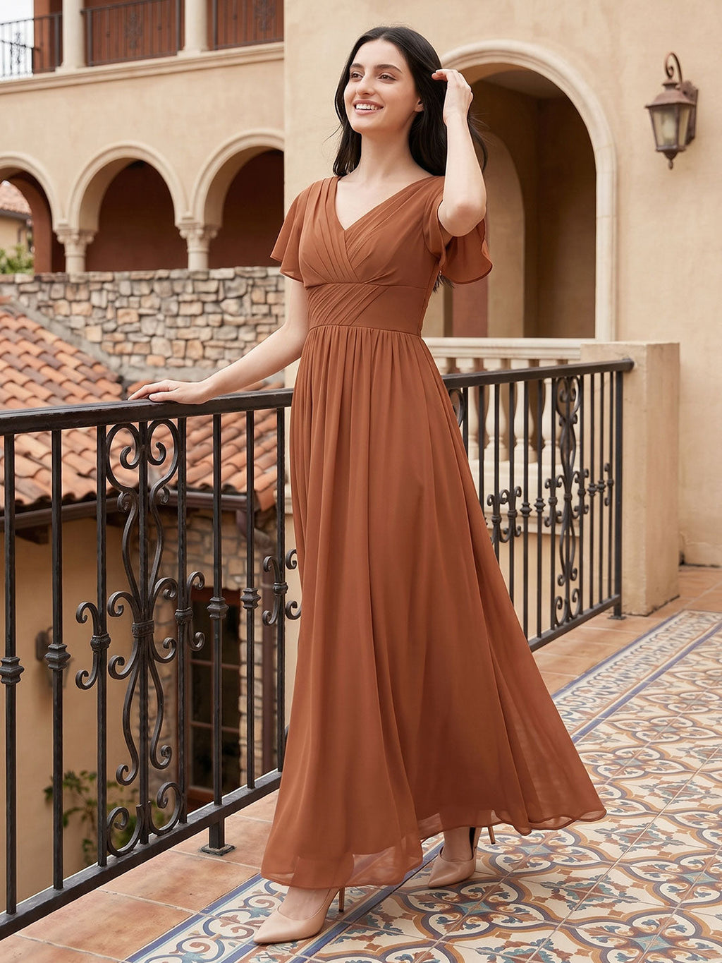 Terracotta Chiffon A-Line V-Neck V-Back Floor-Length Pleated Bridesmaid Dress - Curvevia