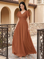 Terracotta Chiffon A-Line V-Neck V-Back Floor-Length Pleated Bridesmaid Dress - Curvevia