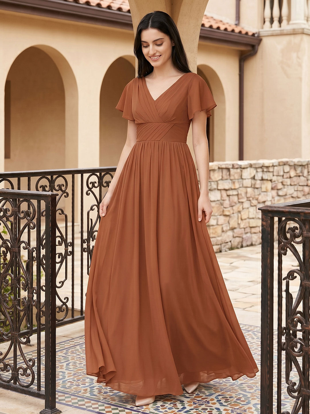 Terracotta Chiffon A-Line V-Neck V-Back Floor-Length Pleated Bridesmaid Dress - Curvevia