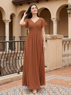 Terracotta Chiffon A-Line V-Neck V-Back Floor-Length Pleated Bridesmaid Dress - Curvevia