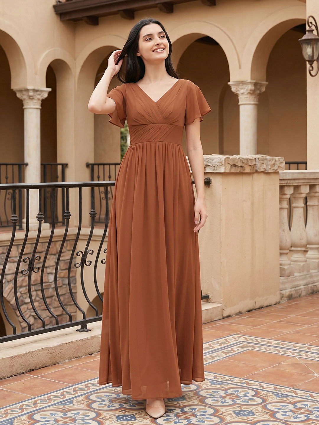 Terracotta Chiffon A-Line V-Neck V-Back Floor-Length Pleated Bridesmaid Dress - Curvevia