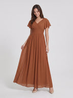 Terracotta Chiffon A-Line V-Neck V-Back Floor-Length Pleated Bridesmaid Dress - Curvevia