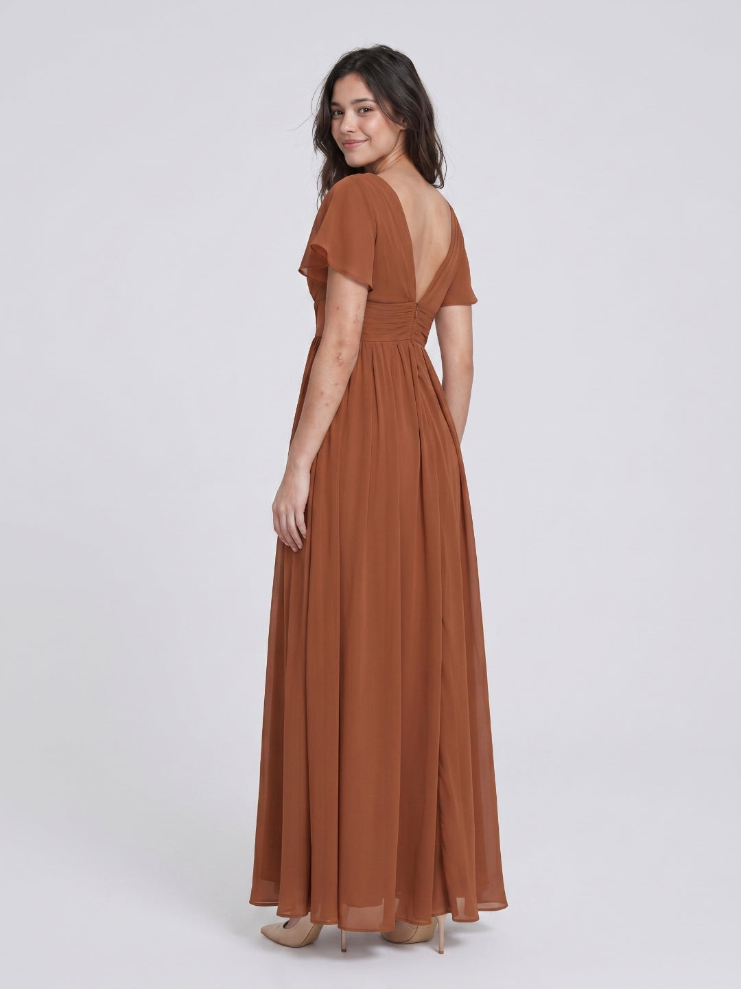 Terracotta Chiffon A-Line V-Neck V-Back Floor-Length Pleated Bridesmaid Dress - Curvevia