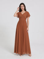 Terracotta Chiffon A-Line V-Neck V-Back Floor-Length Pleated Bridesmaid Dress - Curvevia