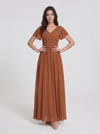 Terracotta Chiffon A-Line V-Neck V-Back Floor-Length Pleated Bridesmaid Dress - Curvevia
