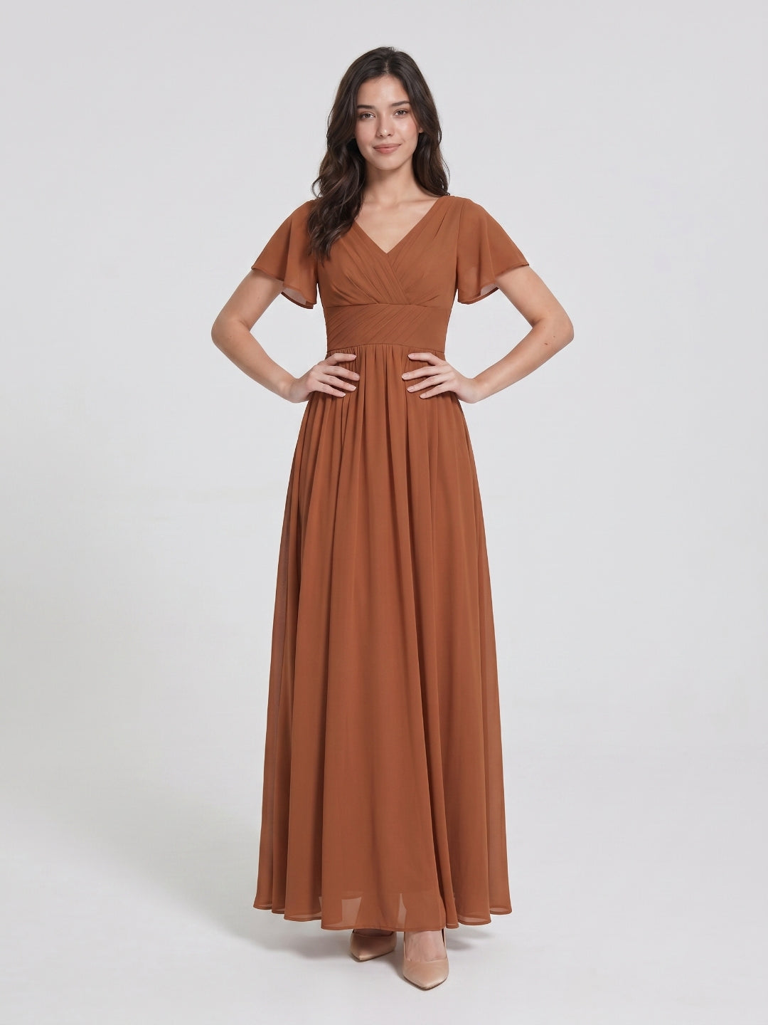 Terracotta Chiffon A-Line V-Neck V-Back Floor-Length Pleated Bridesmaid Dress - Curvevia