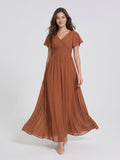 Terracotta Chiffon A-Line V-Neck V-Back Floor-Length Pleated Bridesmaid Dress - Curvevia
