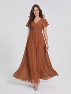 Terracotta Chiffon A-Line V-Neck V-Back Floor-Length Pleated Bridesmaid Dress - Curvevia